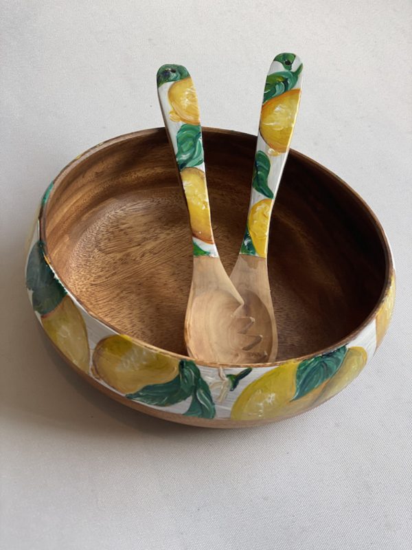 Hand Painted Lemons Acacia Wood Bowl 26×10 cm → Bonnymia