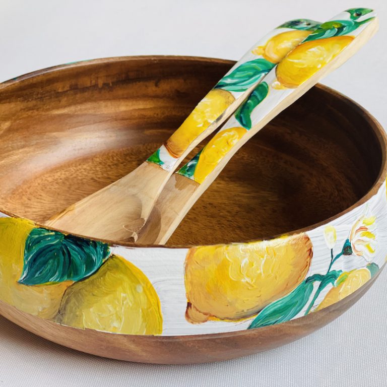 Hand Painted Lemons Acacia Wood Bowl 26×10 cm → Bonnymia